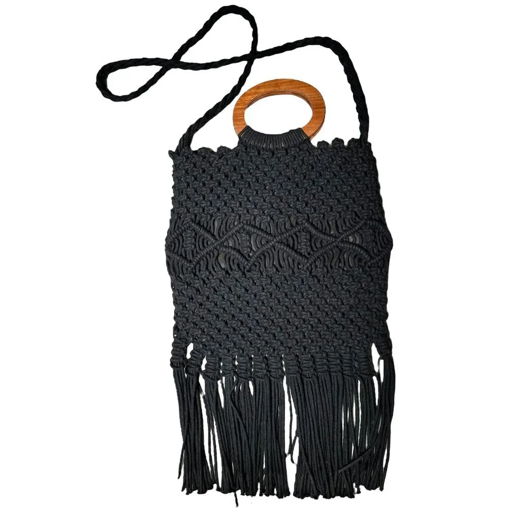 Danielle Nicole Boho Hippie Black Macrame Wooden Handle Crossbody fringe Bag